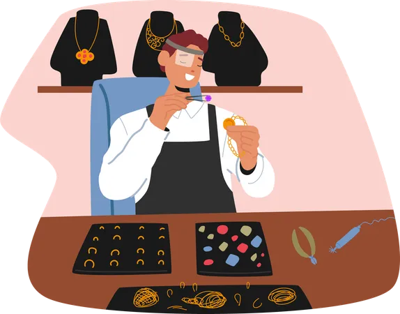 Man artisan making handmade artisan accuracy putting gemstone into golden pendant on chain  Illustration