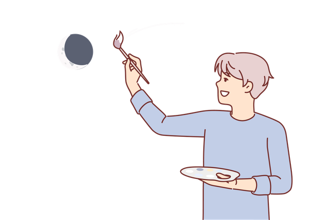 Man artist paints evening sky with moon and stars  イラスト