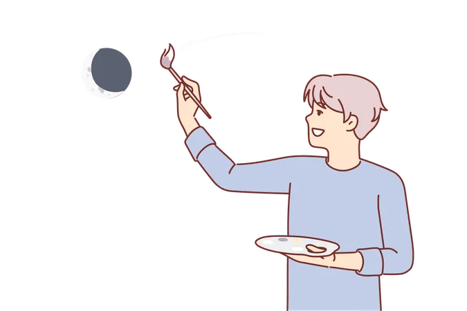 Man Artist Paints Evening Sky With Moon And Stars Dreaming Of Traveling Around Galaxy Young Guy Artist With Brush To Create Artistic Shader And Palette Smiling Doing Creative Hobby Illustration