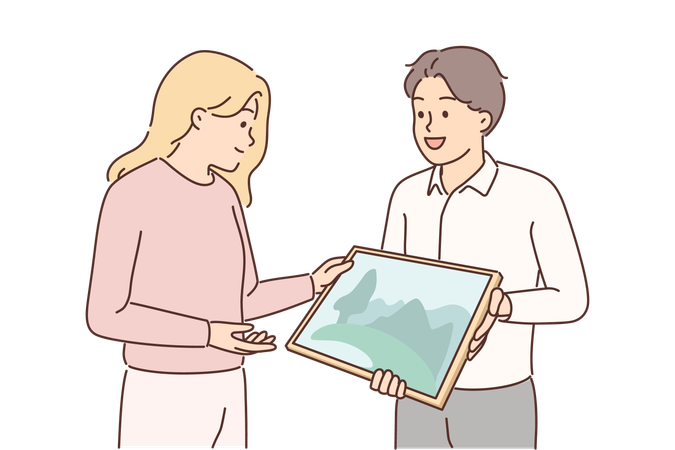 Man artist shows picture to gallery representative wishing to arrange creative exhibition  イラスト