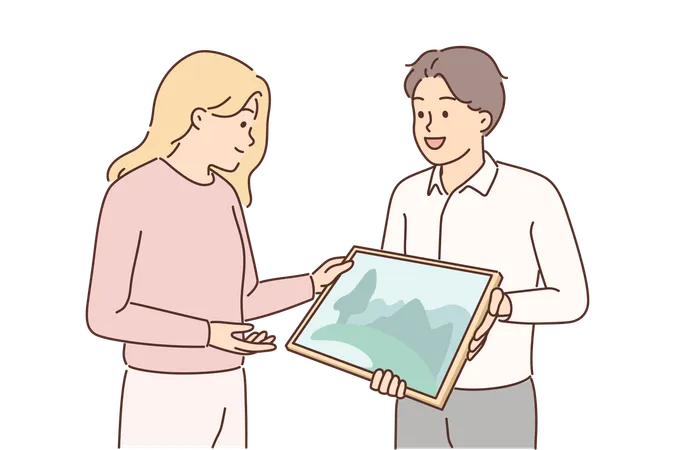 Man Artist Shows Picture To Gallery Representative Wishing To Arrange Creative Exhibition Or Participate In Exposition Guy With Picture Of Natural Landscape Demonstrates His Own Creativity イラスト