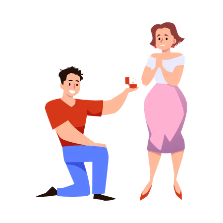 Man asking woman to marry him on one knee with ring  Illustration