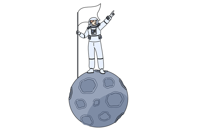 Man astronaut stands on miniature moon in space and holds flag pointing towards endless galaxy  Illustration