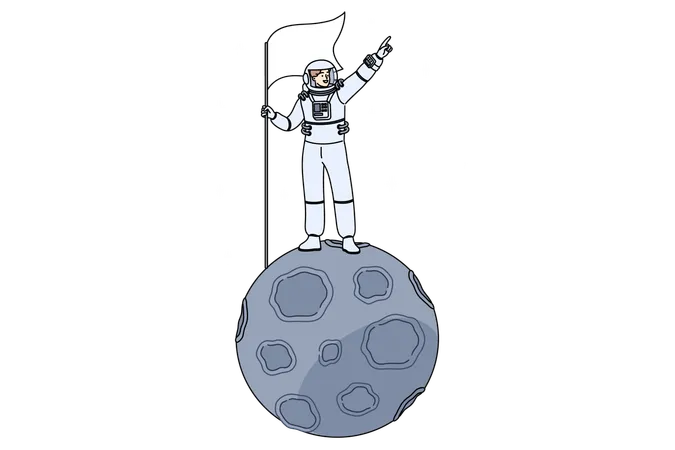 Man astronaut stands on miniature moon in space and holds flag pointing towards endless galaxy  Illustration