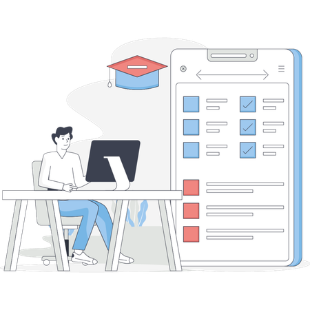 Man at a desk with a laptop wearing a graduation cap symbolizing academic achievement and career readiness  Illustration