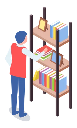 Man at bookstore standing near bookshelf with books Illustration