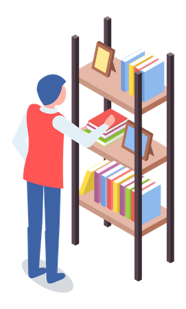 Man at bookstore standing near bookshelf with books  Illustration