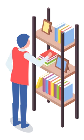 Man at bookstore standing near bookshelf with books  Illustration