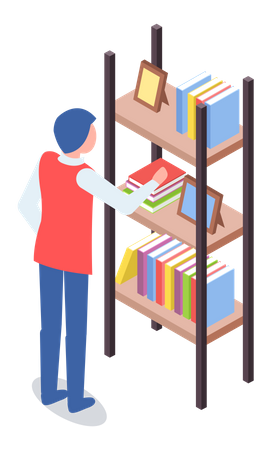 Man at bookstore standing near bookshelf with books  Illustration