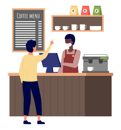 Man at coffee shop during quarantine  Illustration