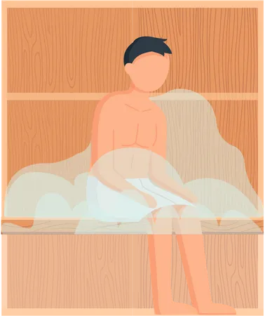Man In White Towel Rest On Wooden Bench At Hot Steam Sauna Relaxing And Wellness In Finnish Russian Bath Or Spa Center Heat Therapy Relaxation And Health Care Bathing Character Wellness Procedure イラスト