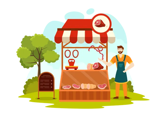 Meat Shop Or Market Vector Illustration With Various Fresh Meats Products And Sausages Of Beef Pork Chicken In Flat Cartoon Background Design 일러스트레이션