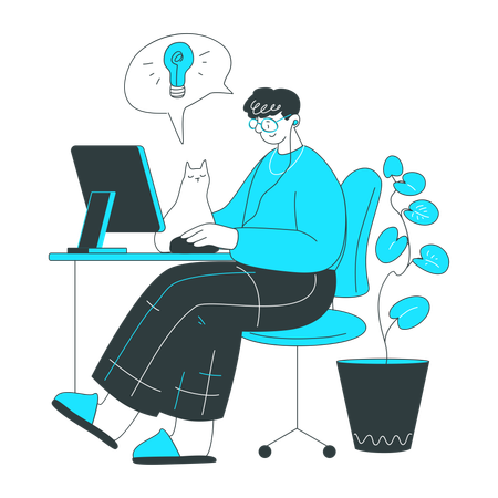 Man at the computer working on an idea  Illustration