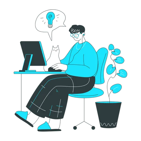 Man at the computer working on an idea  Illustration