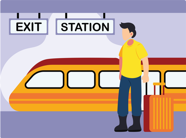 Man at train station with luggage  Illustration