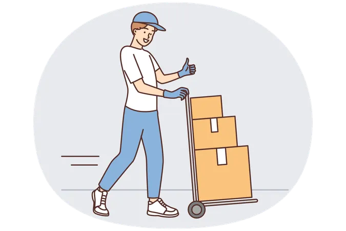 倉庫作業員の男性が段ボール箱を積んだカートを運び、親指を立てている  イラスト