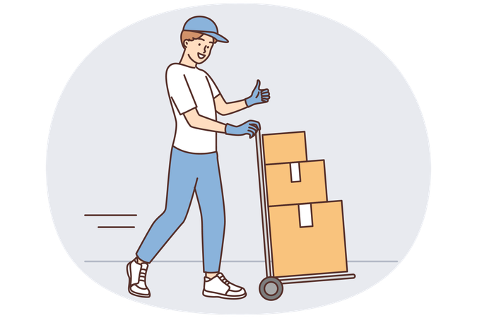 Man at warehouse worker carries cargo cart with cardboard boxes and shows thumbs up  Illustration
