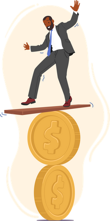 Man Attempting To Balance On Coin  Illustration