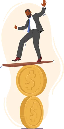 Man Attempting To Balance On Coin  Illustration