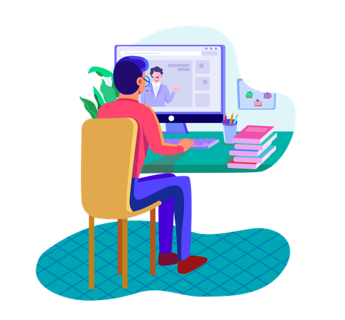 Man attending Online business meeting Illustration