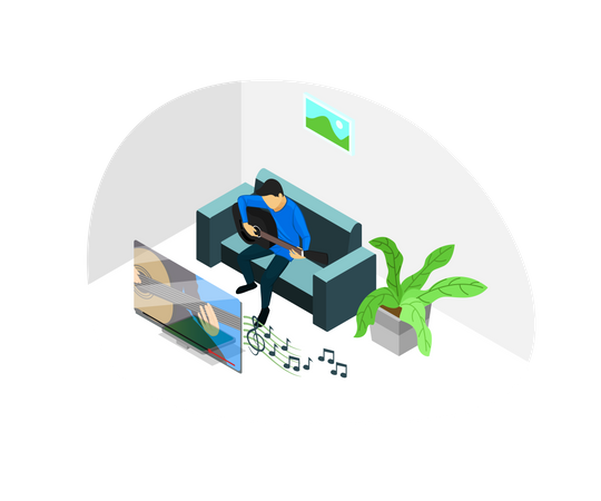 Man attending online music class  イラスト
