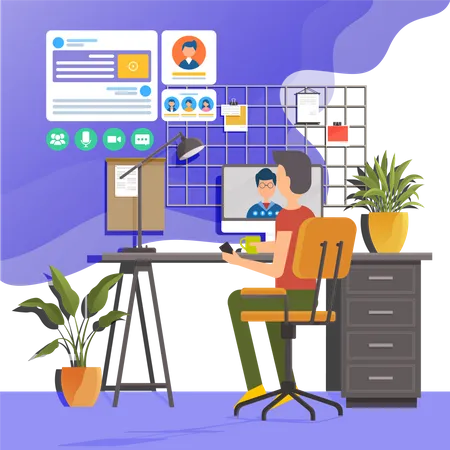 Online Conference Flat Illustration Man Using Computer To Have Video Call With Colleague Or Friends Video Conferencing And Online Communication Remote Work In Home Office Meeting On Internet Illustration