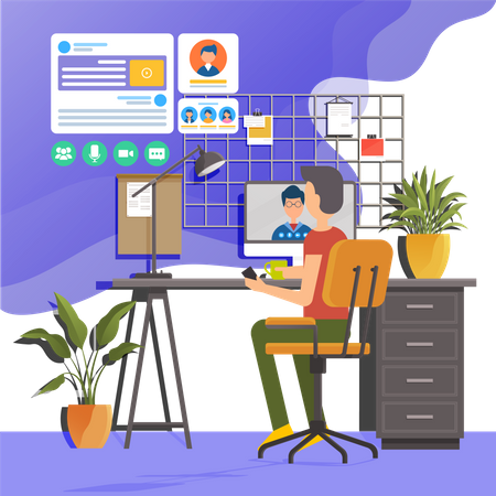 Man attending online video conference  Illustration