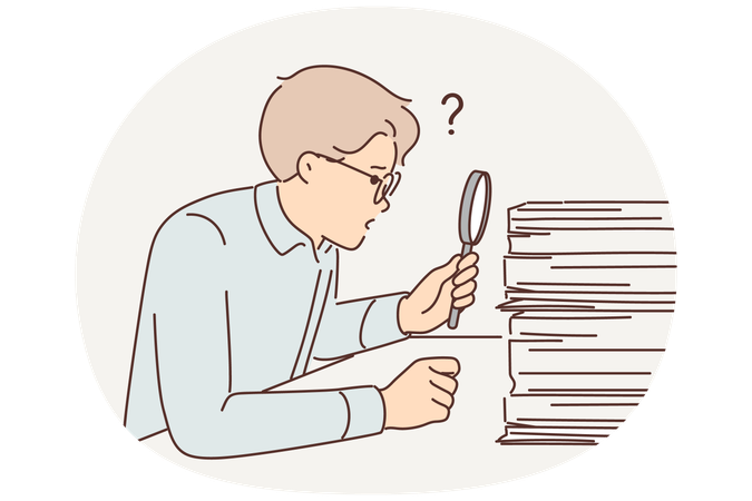 Man auditor looking for errors in financial statements by looking through pile documents via loupe  Illustration