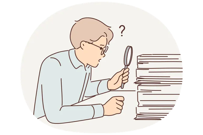 Man auditor looking for errors in financial statements by looking through pile documents via loupe  Illustration