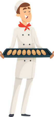 Man baker holding bread tray Illustration