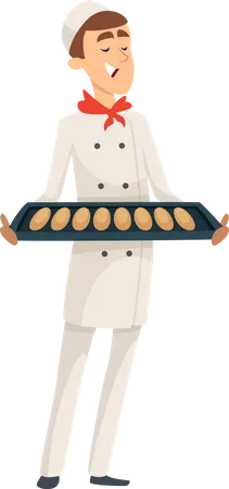 Man baker holding bread tray Illustration