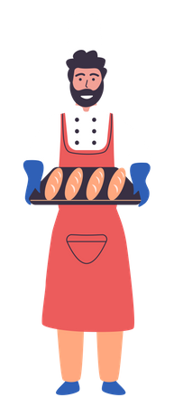 Man baker holding bread tray  일러스트레이션