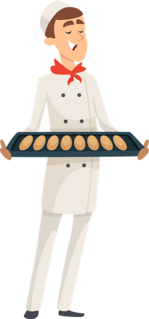 Man baker holding bread tray  일러스트레이션