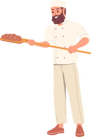 Man baker in uniform holding wooden shovel with fresh baked bread  Illustration