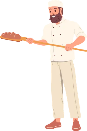 Man baker in uniform holding wooden shovel with fresh baked bread  Illustration