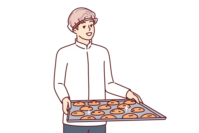 Man Pastry Chef Is Holding Tray Of Cookies Dressed In White Chef Shirt And Disposable Hair Cap Guy Confectioner Prepares Oatmeal Cookies From Natural Ingredients For Sale In Own Bakery イラスト