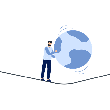Man Balancing Globe on Tightrope  Illustration