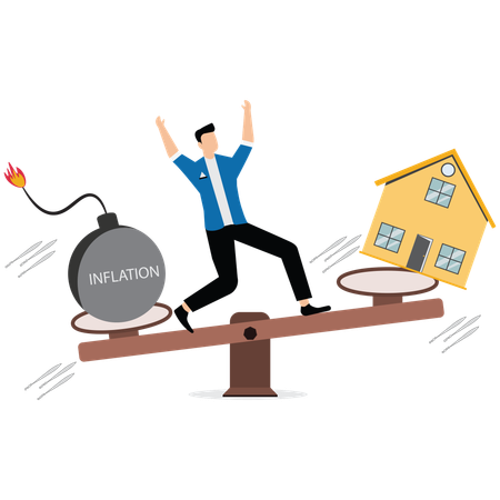 Man balancing home and debt inflation  Illustration