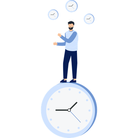 Man Balancing on Clock with Floating Clocks  Illustration
