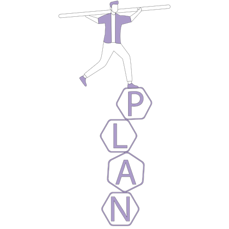Man balancing on cubes with plan inscription  Illustration