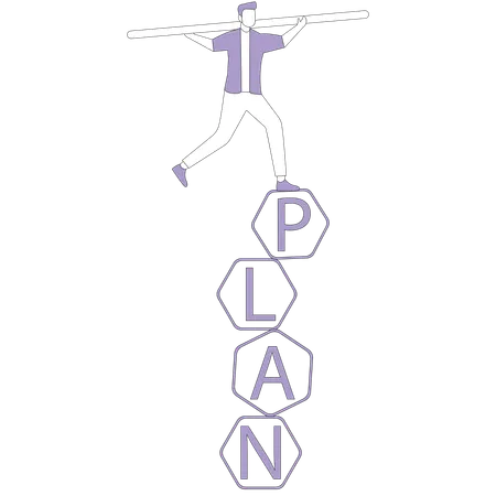 Man balancing on cubes with plan inscription  Illustration