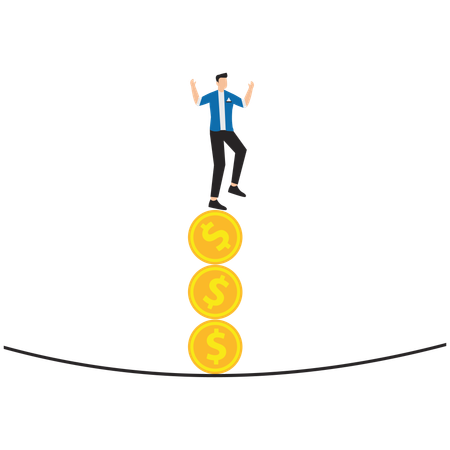 Man balancing on falling stack of coins  Illustration