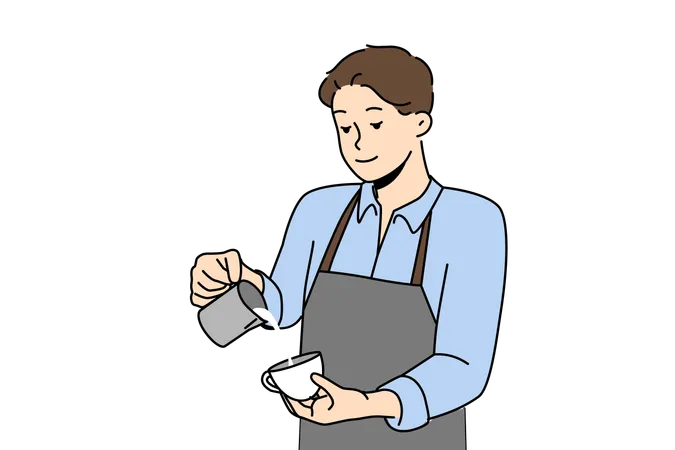Man Barista Prepares Delicious Coffee With Fresh Cream Working In Trendy Coffee Shop Or Restaurant Barista Guy Pours Milk Into Mug Of Cappuccino Which Gives Energy Due To Its Caffeine Content Illustration