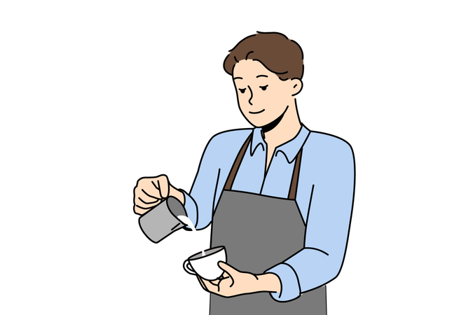 Man barista prepares delicious coffee with fresh cream and working in trendy coffee shop  Illustration