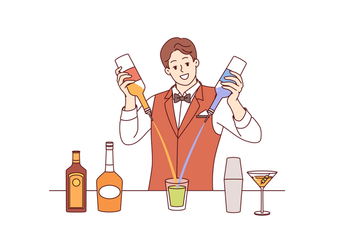 Man bartender mixes cocktail from different alcoholic drinks standing at bar counter of nightclub  Illustration