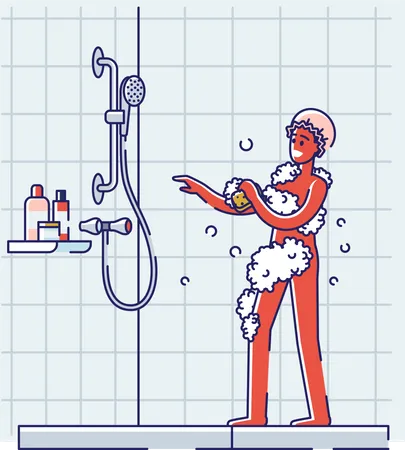 African American Man Take Shower Singing And Dancing Happy Guy In Foam Relaxing In Bathroom While Washing Cartoon Diverse Guy In Bathe Linear Vector Illustration Illustration