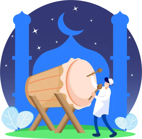 Man beating bedug in Eid festival  Illustration