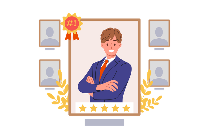 Man became best employee of month in corporation thanks to hard work and professional achievements  일러스트레이션