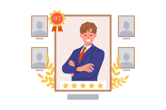 Man Became Best Employee Of Month In Corporation Thanks To Hard Work And Professional Achievements Portrait Of Best Employee Who Distinguished Himself In Completing Assigned Task 일러스트레이션