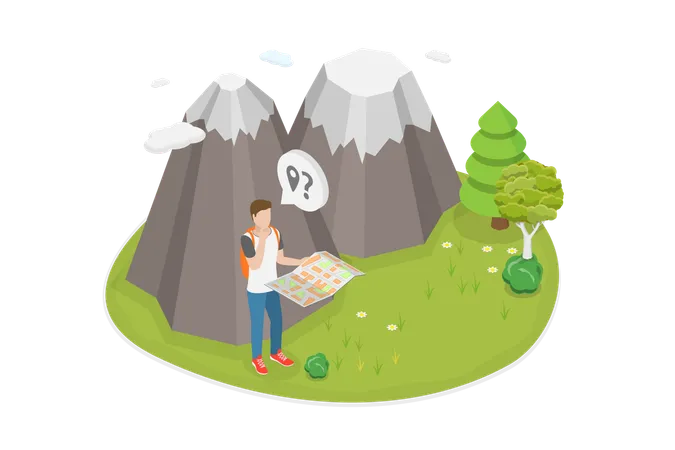 3 D Isometric Flat Vector Illustration Of Being Lost Outdoors Dangerous Circumstances Illustration